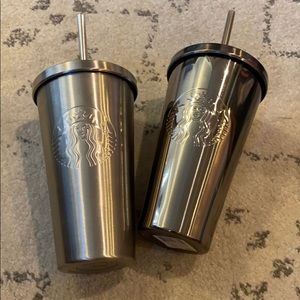 2 Starbucks Silver Insulated Tumblers, Lid & Straw